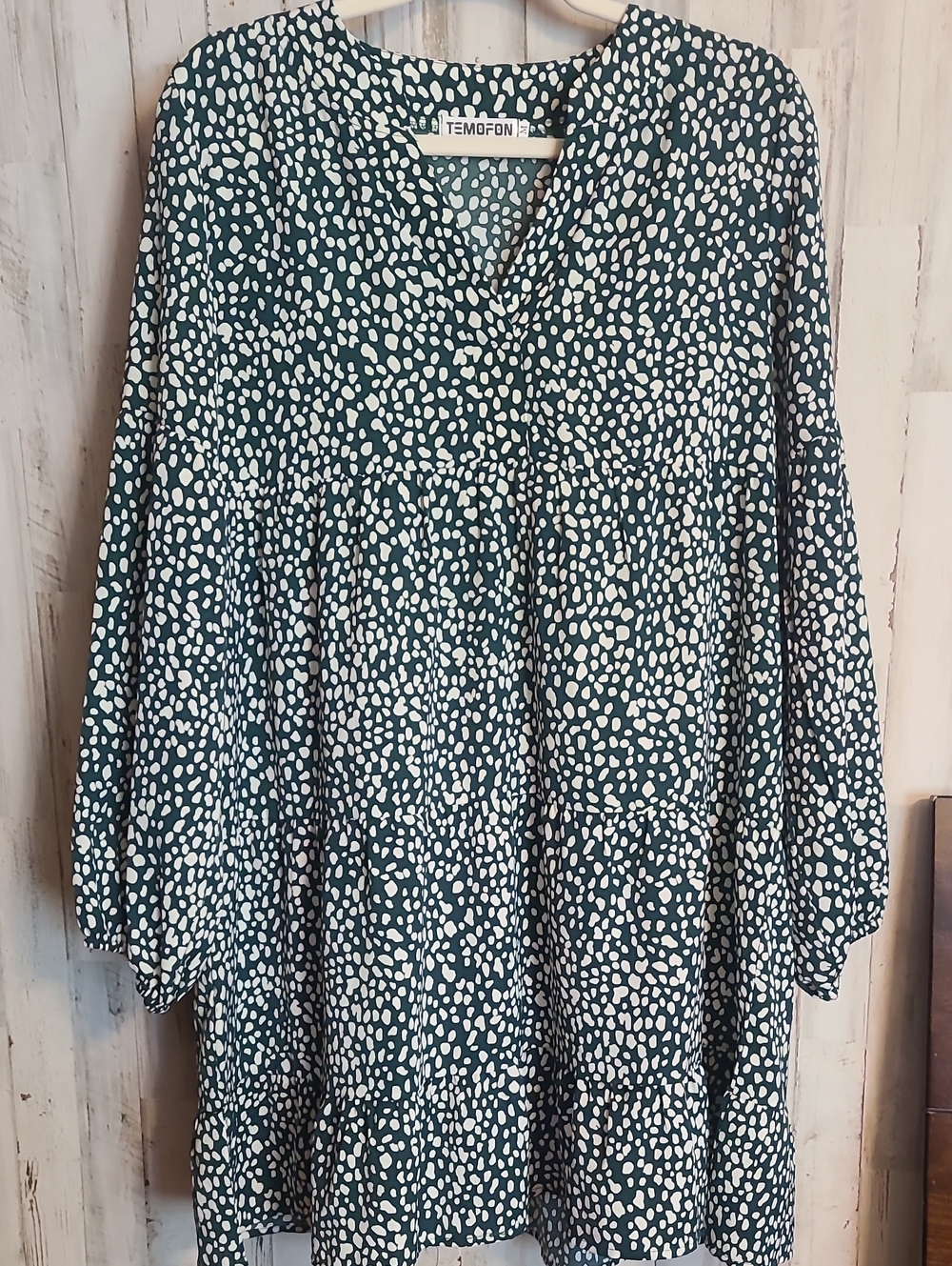 TEMOFON Teal & White Printed V-Neck Women’s Dress